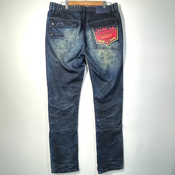 Staple Dark Denim Jeans Mens 35 x 34 Tapered Factory Distressed NWT - Picture 2 of 10